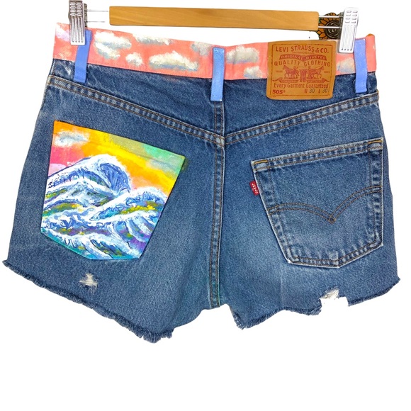 Levi’s 505 DIY Distressed Cutoff Hand Painted Rainbow Cloud Denim Jean Shorts - Picture 4 of 13